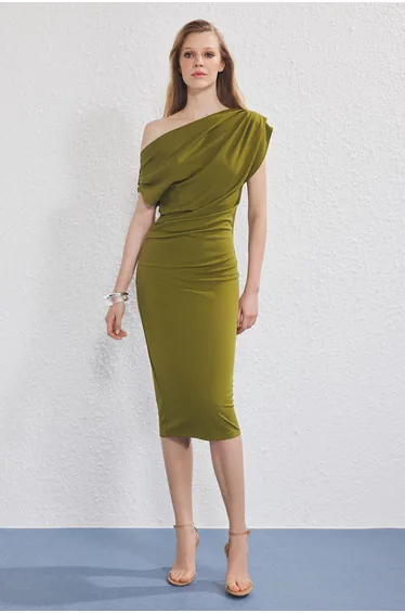 Oil Green Midi Gathered/Draped Detailed Knit Dress