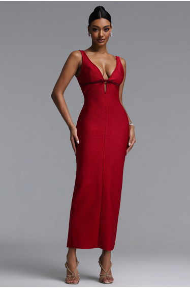 Contour Sleeveless Deep V Bow Embellished Midi Bandage Dress