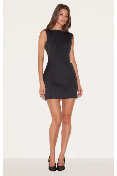 Black Satin Boat Neck Mini Dress