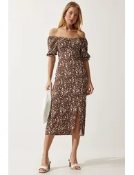 Women's Brown White Elastic Carmen Collar Summer Viscose Dress - 1