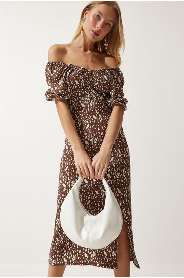 Women's Brown White Elastic Carmen Collar Summer Viscose Dress