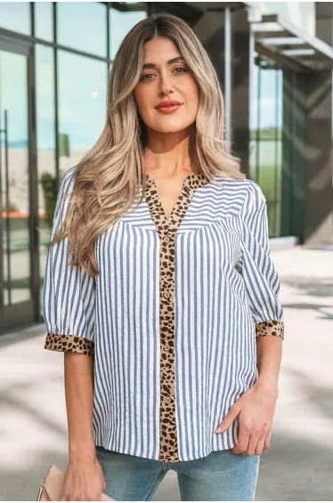Lvness Sky Blue Stripe Leopard Trim V Neck Button Down Half Sleeve Shirt