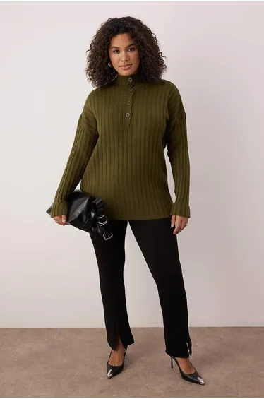 Khaki ribbed buttoned knit sweater