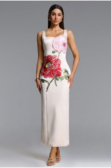 Mallen Romantic Contour Sleeveless Square Neck Floral Appique White Maxi Dress