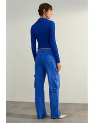Sax High Waist Wide Leg Jeans with Cargo Pocket - 5