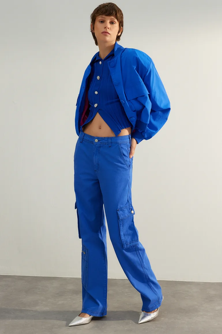 Sax High Waist Wide Leg Jeans with Cargo Pocket - 1