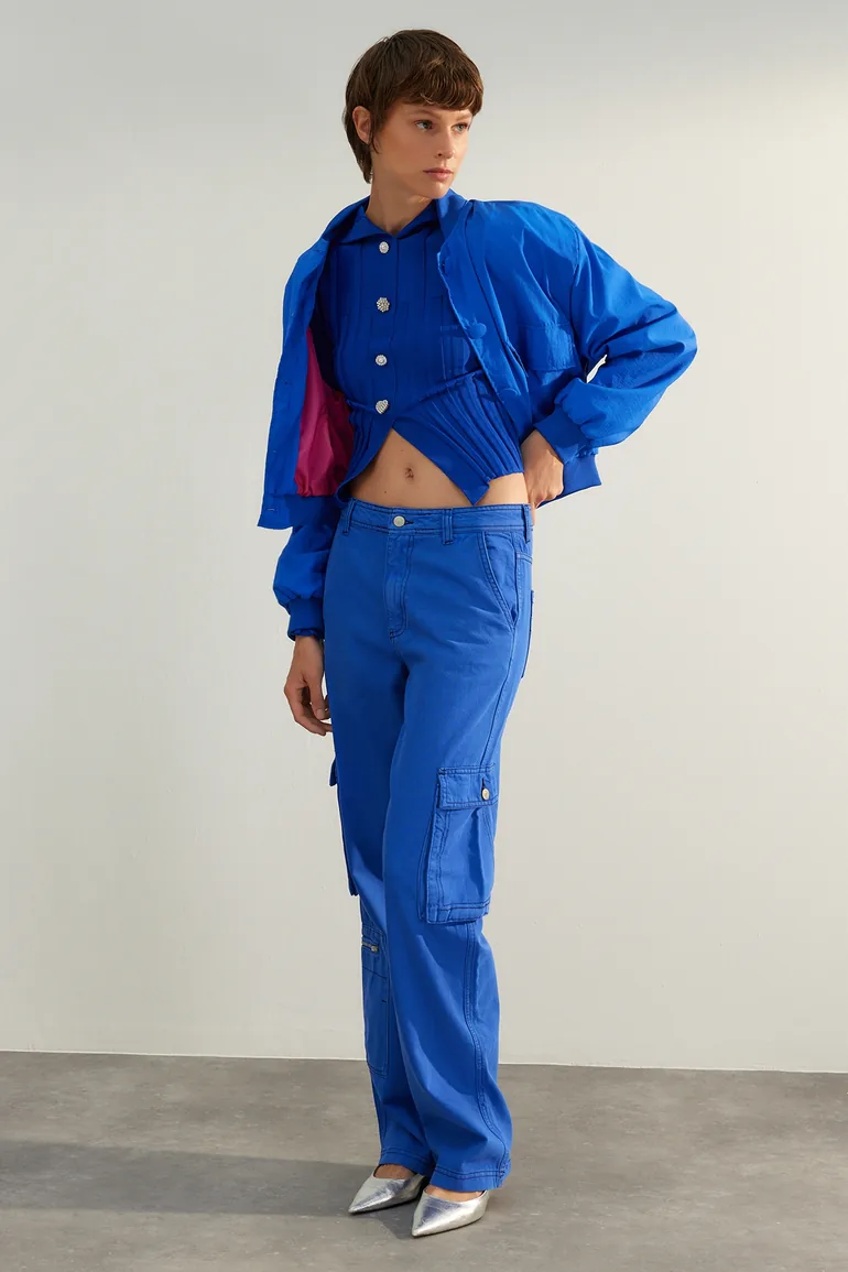Sax High Waist Wide Leg Jeans with Cargo Pocket - 2