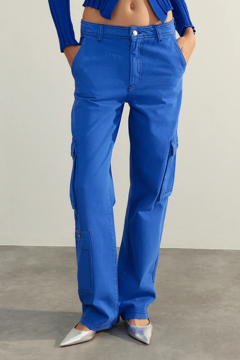 Sax High Waist Wide Leg Jeans with Cargo Pocket - 3
