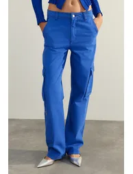 Sax High Waist Wide Leg Jeans with Cargo Pocket - 3