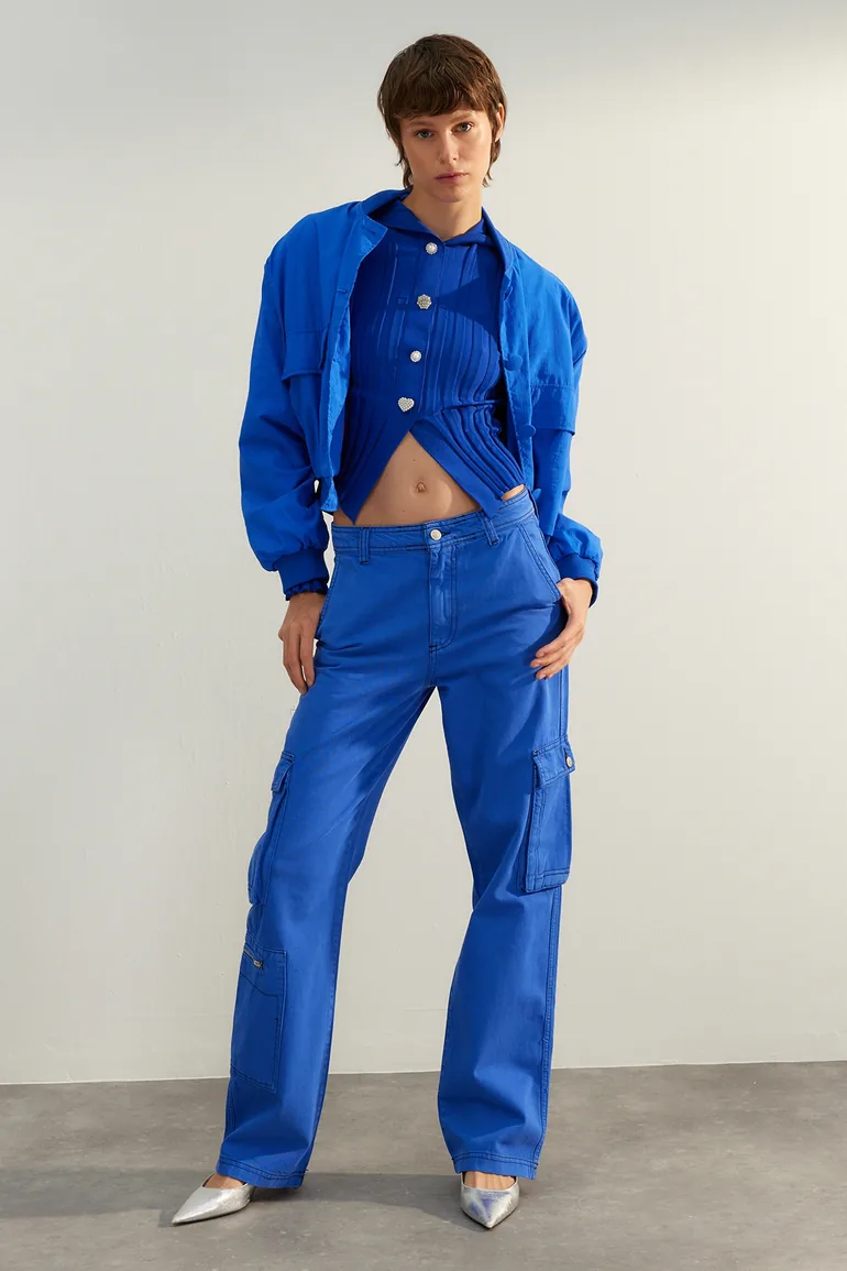 Sax High Waist Wide Leg Jeans with Cargo Pocket