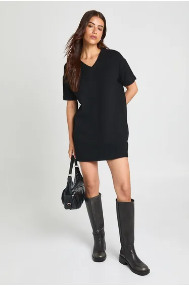 V Neck Short Sleeve Knitted Mini Dress - black