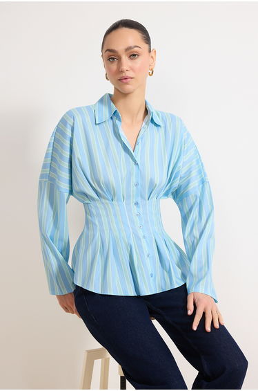 Blue-Multicolored Striped Lycra Fitted Waist Shirt