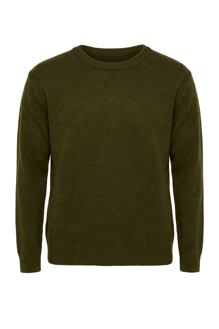 Big Size Khaki Regular Fit Crew Neck Knitwear Sweater