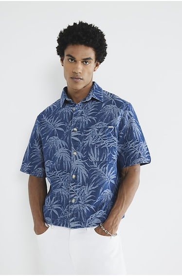 Blue Denim Boxy Fit Palm Print Shirt