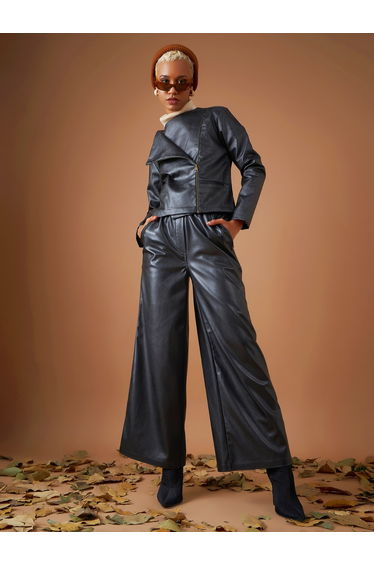 Leather Look Wrap Front Biker Jacket