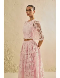 Spellbound By You Pink Lace Bell Sleeve Top & Midi Skirt Set - 8