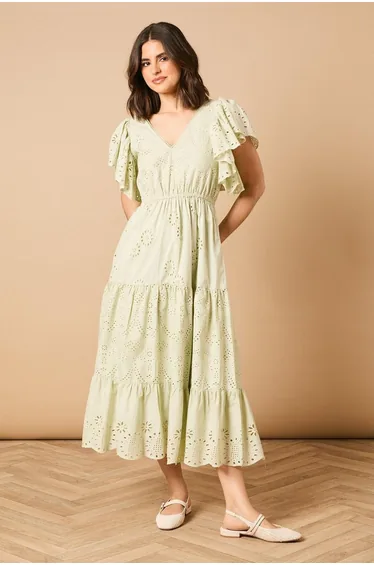 Broderie V Neck Angel Sleeve Maxi Dress