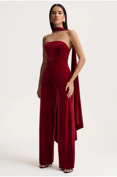 Arcane | Burgundy Velvet Bandeau Jumpsuit With Scarf
