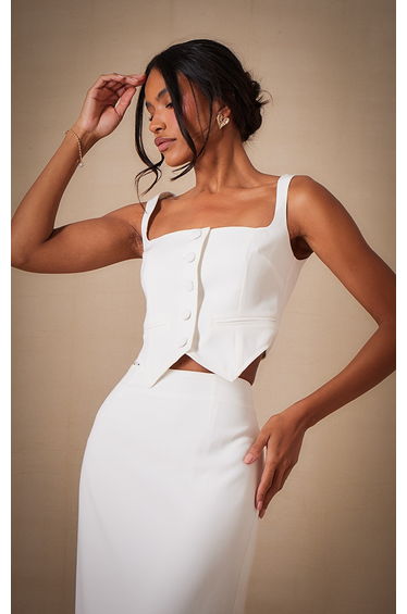 Premium White Woven Square Neck Cropped Waistcoat