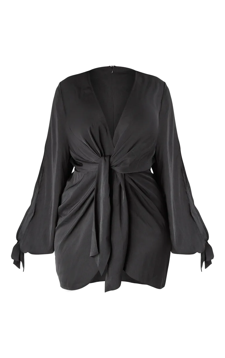satin twist front open sleeve wrap dress PrettyLittleThing Women's Plus Satin Twist Front Open Sleeve Wrap Mini Dress in Black