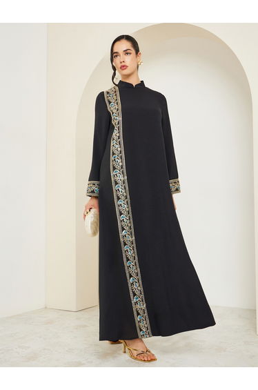 Women Black Collared Lace Insert Jalabiya