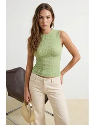 Khaki Fitted/Bodycon Sleeveless Shirred Textured Knit Blouse - 7