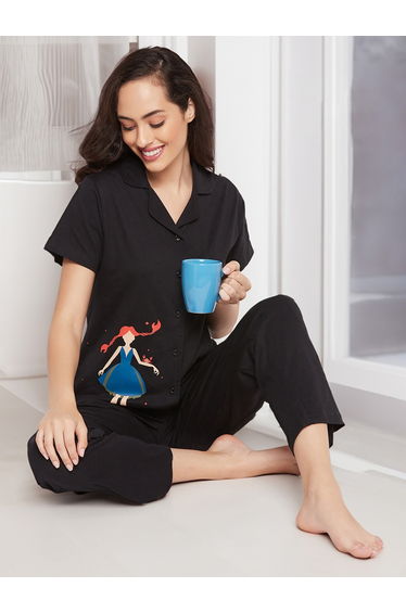 Cotton Girl Print Button Down Shirt and Pyjama Set