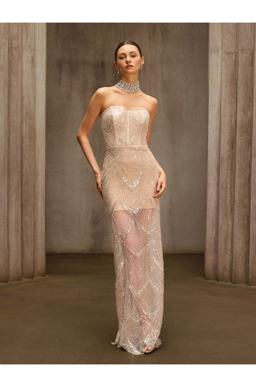 Amzie Strapless Sequin Mesh Maxi Dress In Apricot