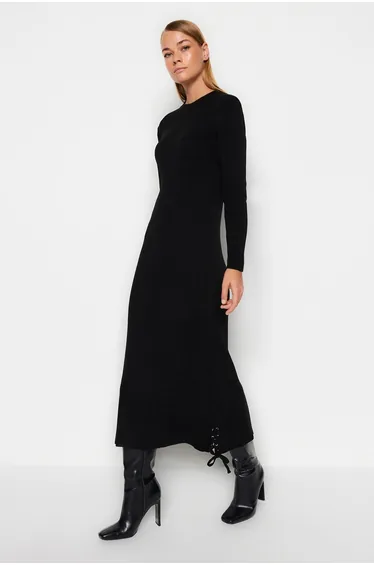 Black Column Maxi Shift Dress with Long Sleeves
