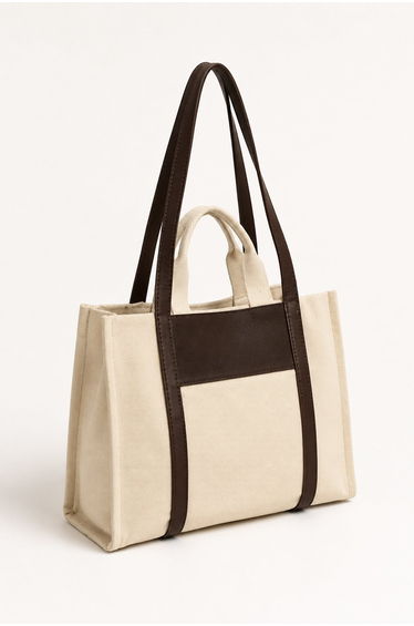 Canvas Tote Bag with Leather Detail