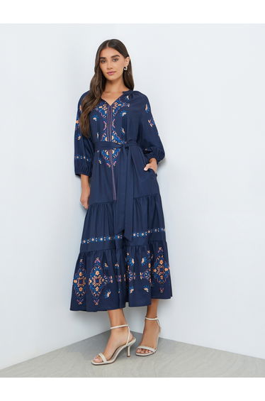 Women Navy Blue Floral Print Tiered Midi Dress