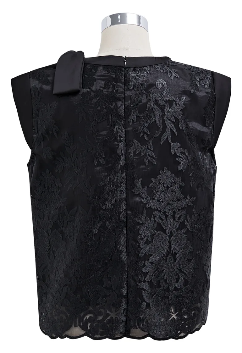 Embroidered Floral Pearly Bowknot Sleeveless Top in Black - 10