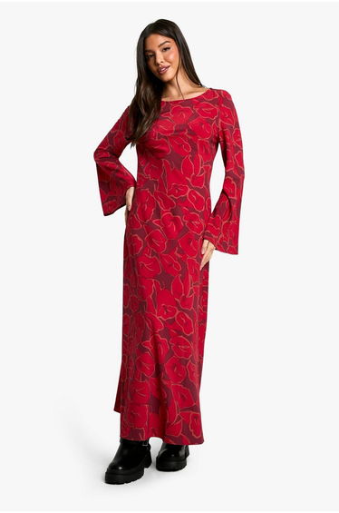 Floral Flare Sleeve Maxi Dress - wine