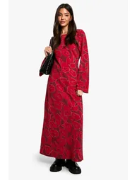 Floral Flare Sleeve Maxi Dress - wine - 2