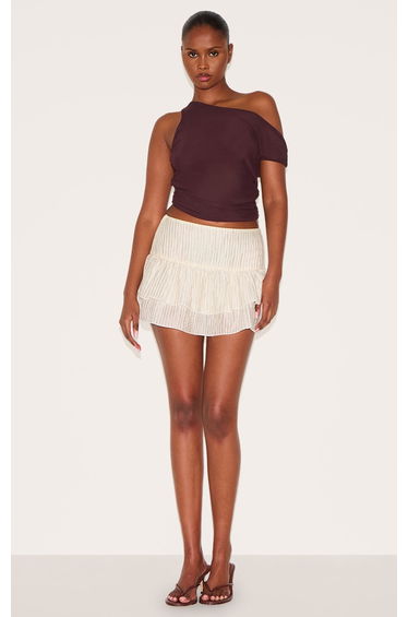 Almond Crinkle Woven Dropped Waist Frilly Mini Skirt