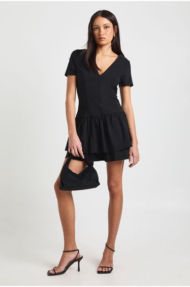 Bengaline V Neck Gathered Skirt Mini Dress - black