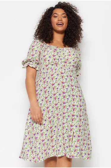فستان ميدي بتصميم بشكل A بطبعة أزهار - للمقاسات الكبيرة