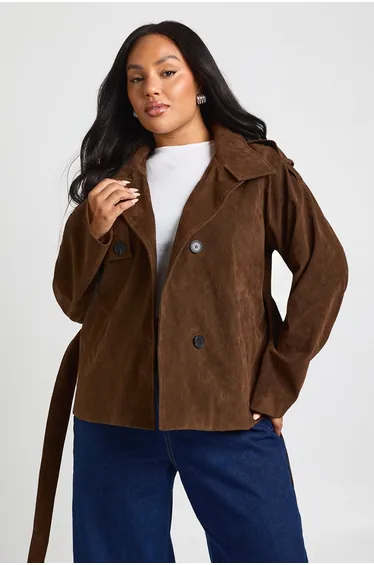 Plus Tie Waist Funnel Neck Jacket - brown