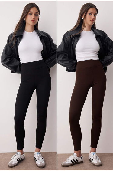 Black-Brown 2-Pack Interlock Body-Smoothing High Waist Knitted Leggings