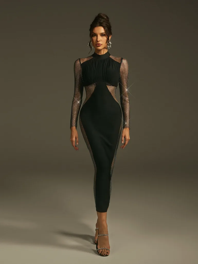 Leonid Long Sleeve Rhinestone Mesh Dress Mew Mews Black : Evening Dresses :  VogaCloset Oman