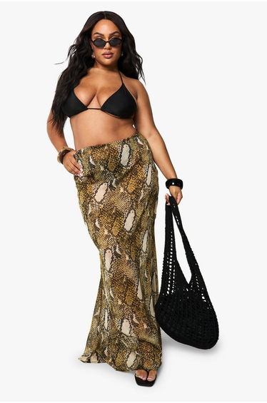 Plus Beachwear Essentials Snake Print Maxi Skirt - brown
