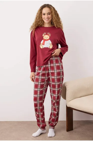 Burgundy 100% Cotton New Year's Themed Plaid Knitted Pajama Set