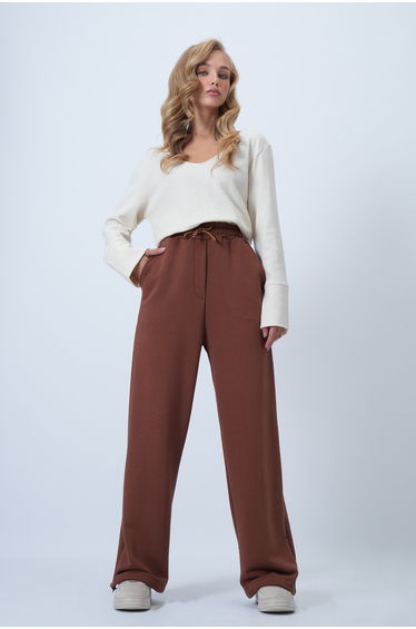 Women's Brown Double Pocket Knitted Trousers with Elastic Waist and Legs