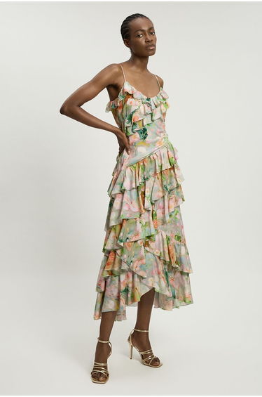 Floral Print Frill Detail Viscose Maxi Dress