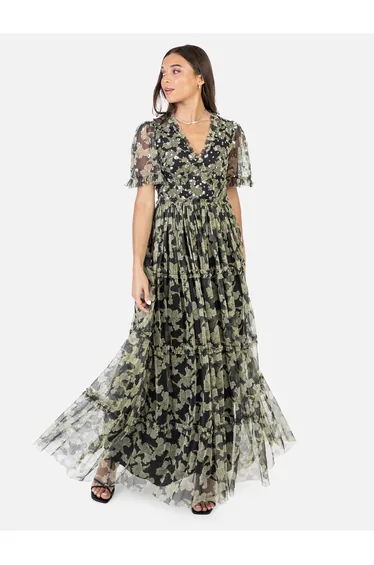 فستان ماكسي بكشكش بياقة V بطبعة أزهار مزين بالترتر