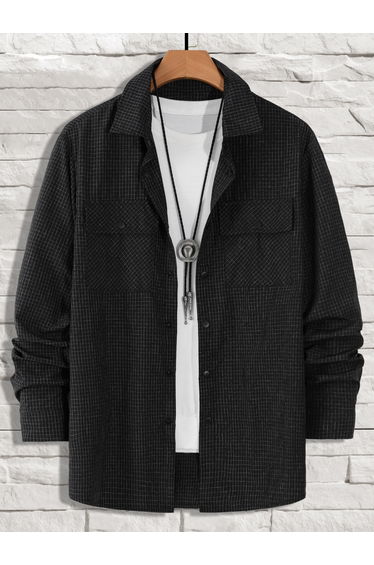Men Black Plaid Shirt with Pockets