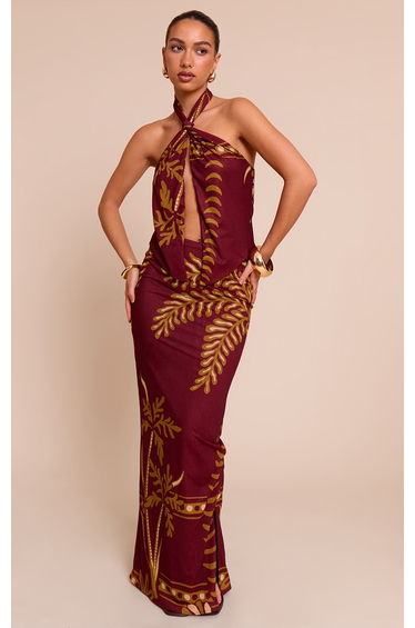 Rust Palm Print Chiffon Knot Halter Top