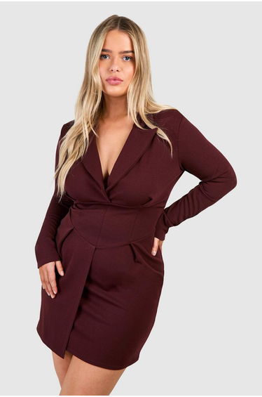 Plus Corset Detail Blazer Dress - chocolate