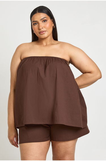 Plus Poplin Bandeau Smock Top & Flippy Short - chocolate
