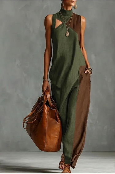 Loose Sleeveless Asymmetric Contrast Color Pockets Split-Joint Mock Neck Maxi Dresses